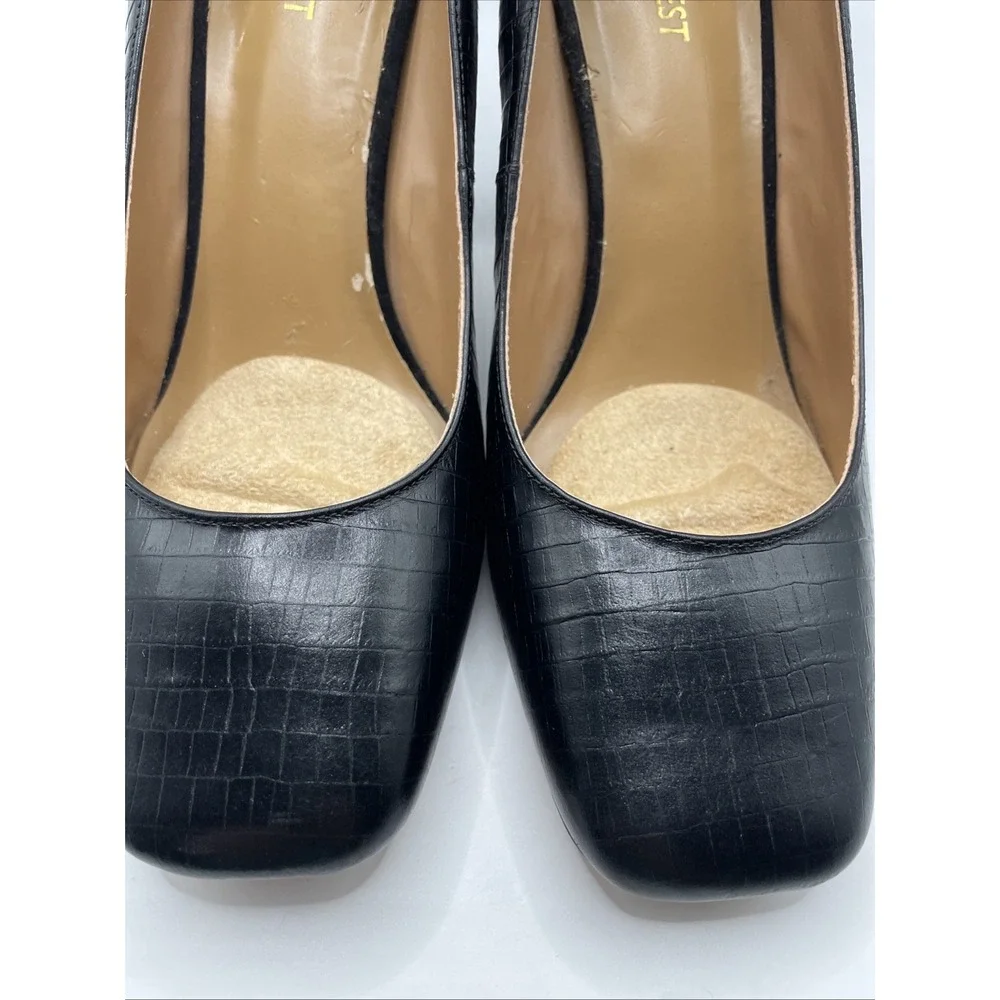 Nine West Block Heel Croc Embossed Black Leather Pumps Women's Size 9.5 M